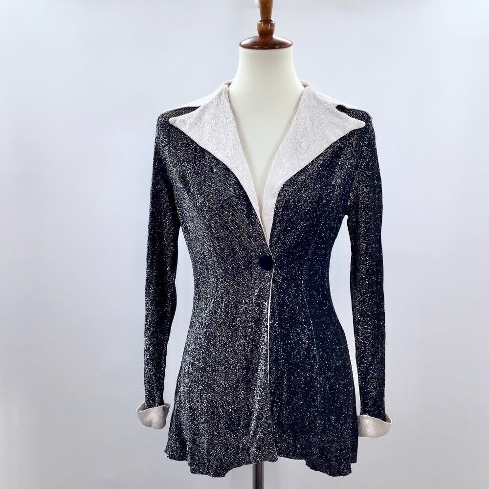 Vintage 1970s Disco Top Women's 10 Black White Metallic Butterfly Collar Retro